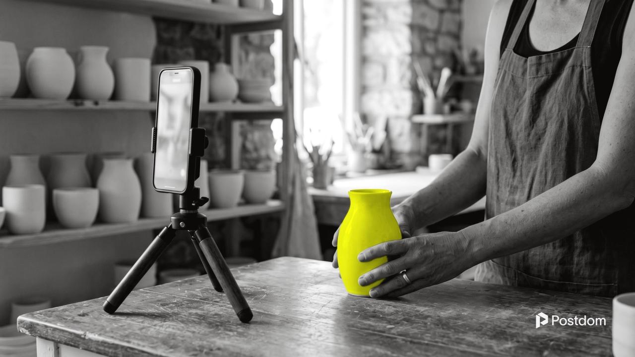 How to schedule TikTok posts: a ceramics shop owner places a yellow vase in front of a phone recording on a small tripod