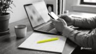How to schedule LinkedIn posts: a professional holds a phone over a laptop next to a blank desk calendar and a yellow pen