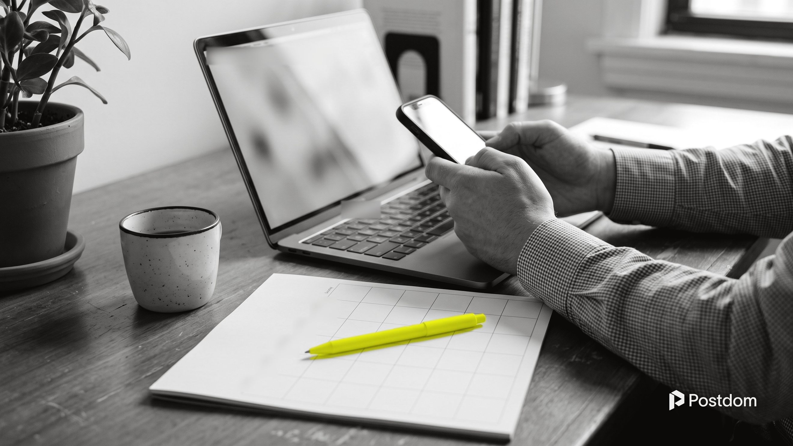 How to schedule LinkedIn posts: a professional holds a phone over a laptop next to a blank desk calendar and a yellow pen