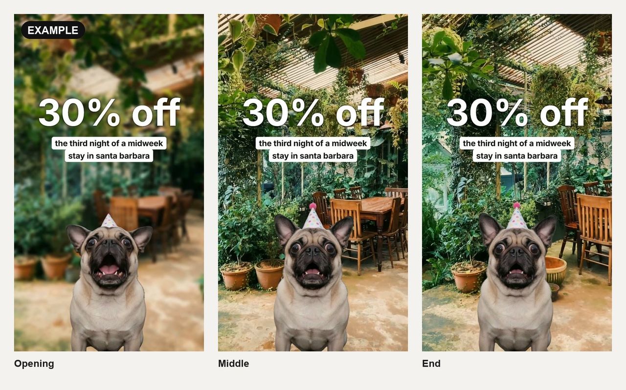 Three frames from a big-number Reel: "30% off" in large type over a garden terrace, with "the third night of a midweek stay in santa barbara" under it and a pug in a party hat below