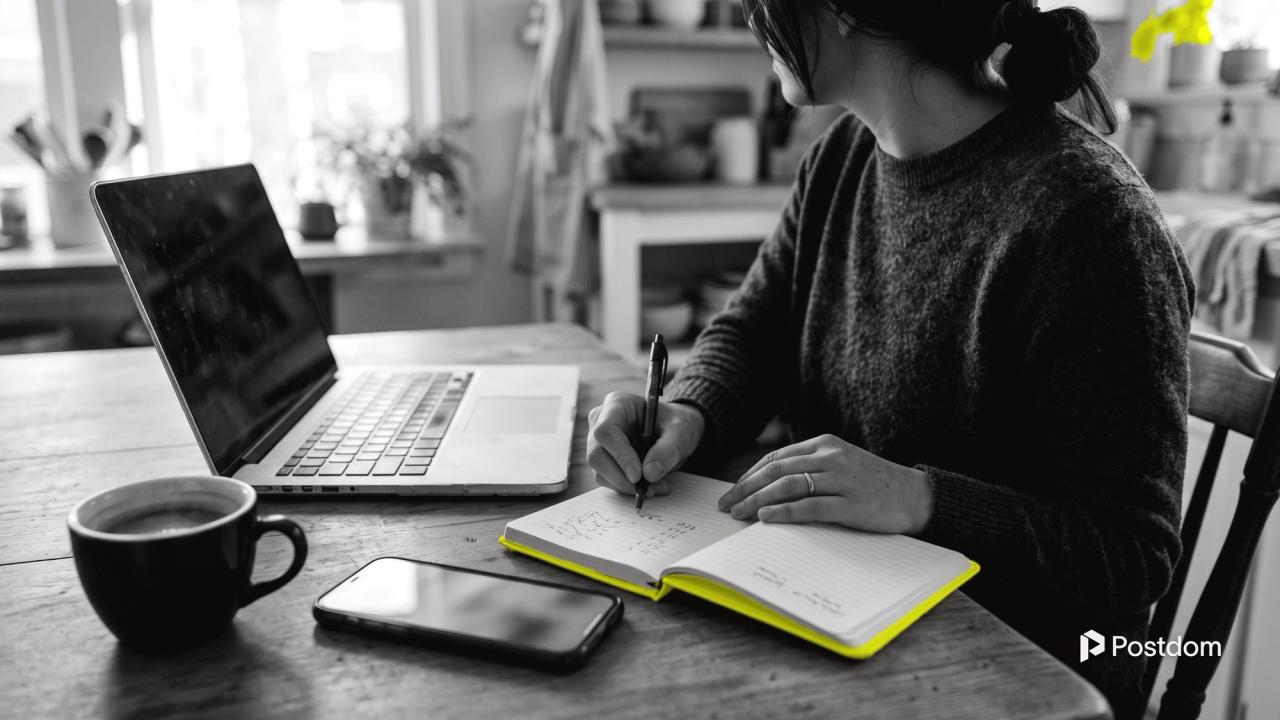 A person at a kitchen table writes figures in a yellow notebook beside a laptop, a phone and a cup of coffee
