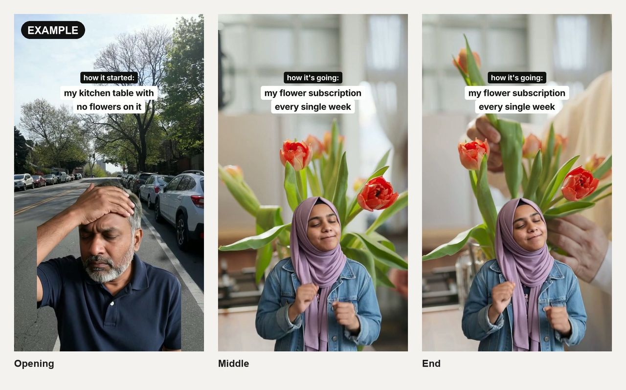 Three frames from a how-it-started Reel: a man with his hand on his forehead under "how it started: my kitchen table with no flowers on it", then a woman dancing with tulips under "how it's going: my flower subscription every single week"
