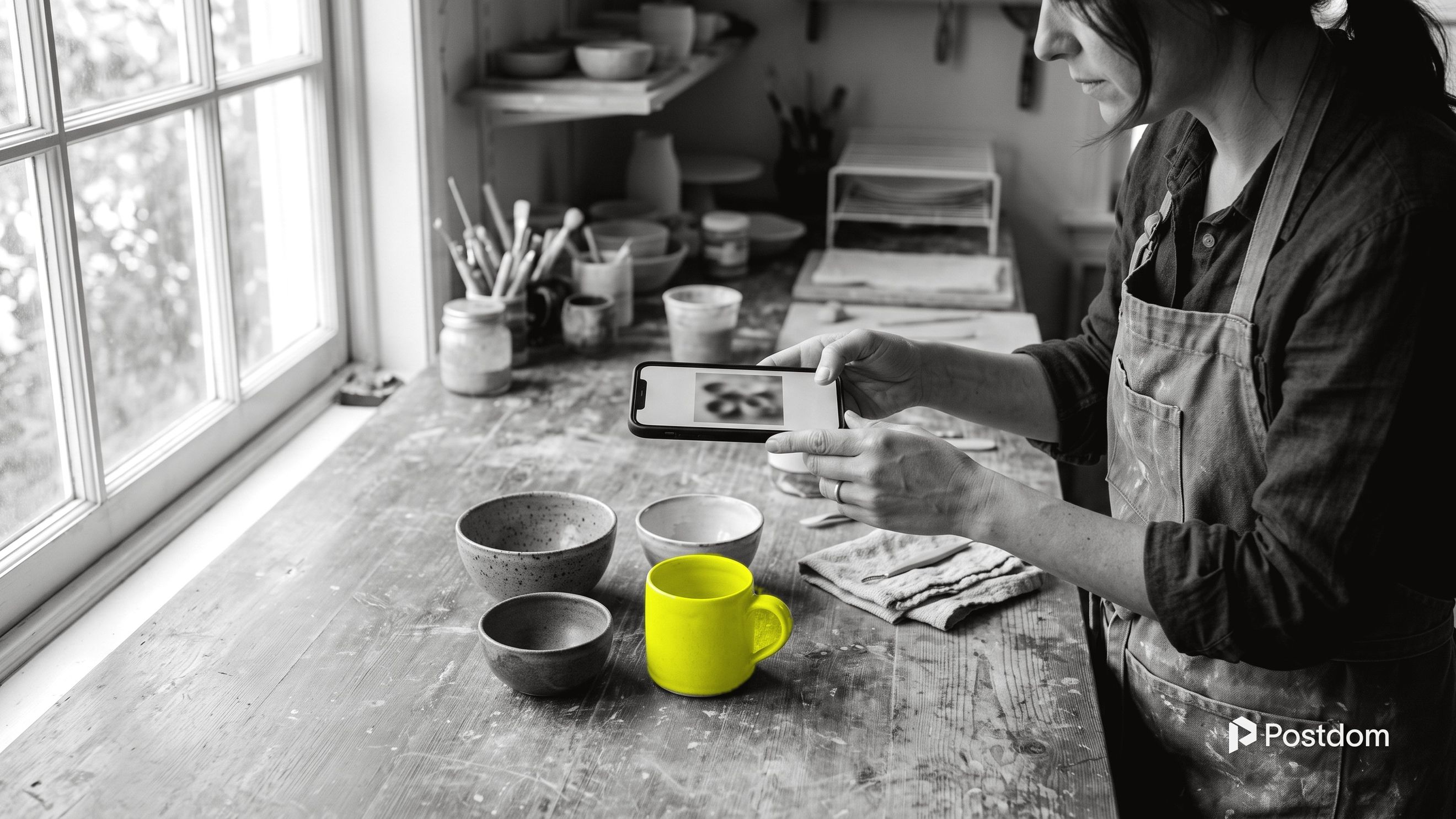 How to post on Instagram: a potter in an apron photographs three handmade bowls and a yellow mug from above with her phone on a studio worktable