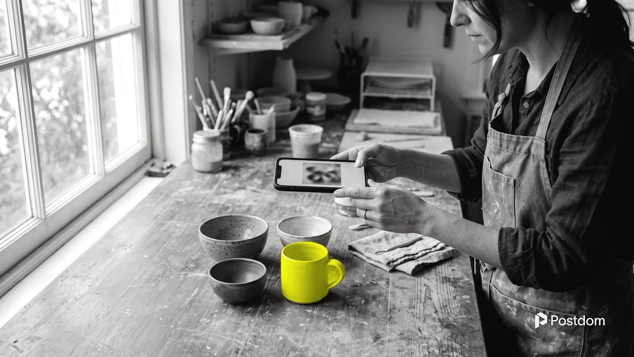 How to post on Instagram: a potter in an apron photographs three handmade bowls and a yellow mug from above with her phone on a studio worktable