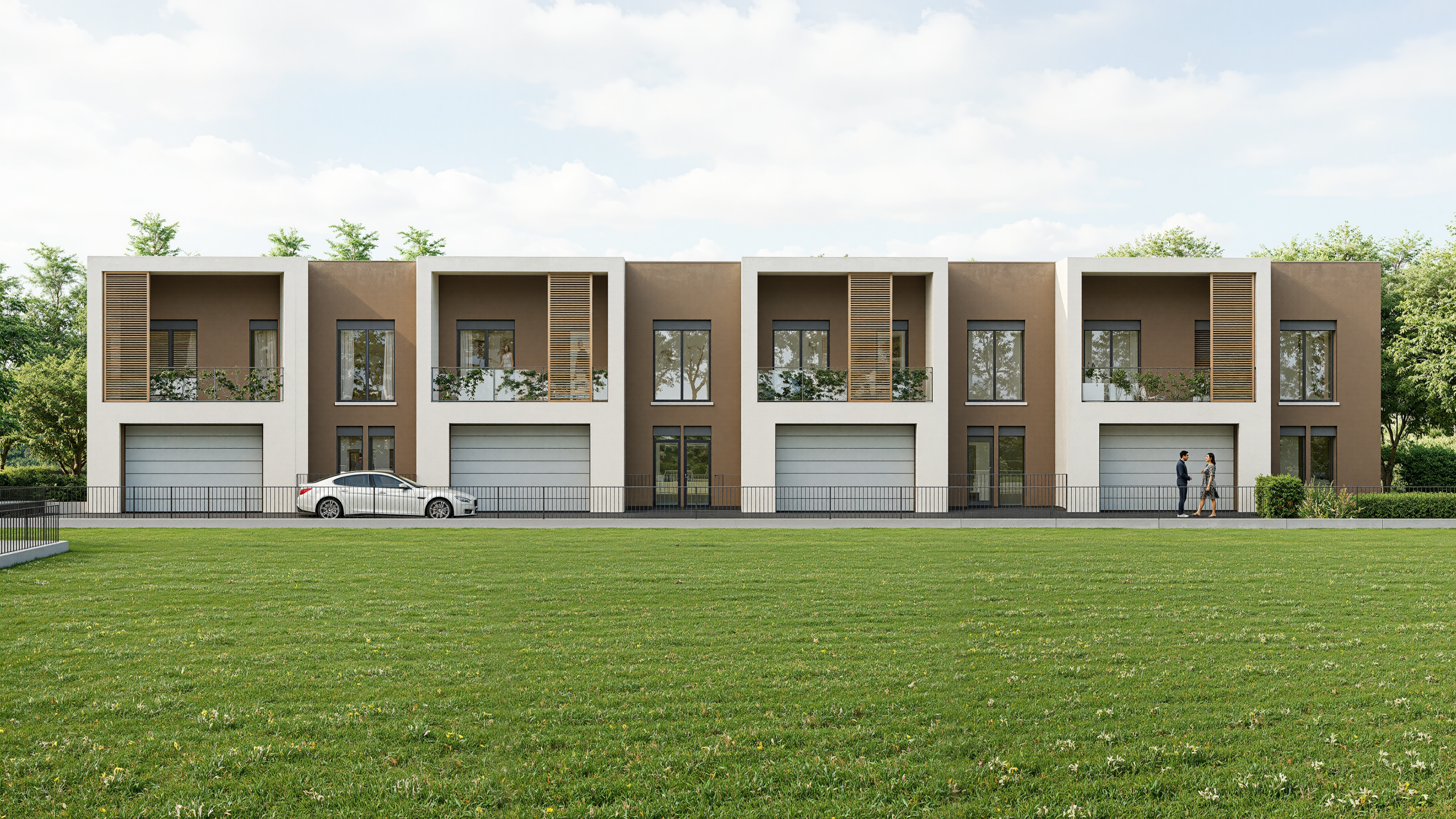 Render fotorealistico di un complesso residenziale moderno con studio delle superfici e delle proporzioni architettoniche