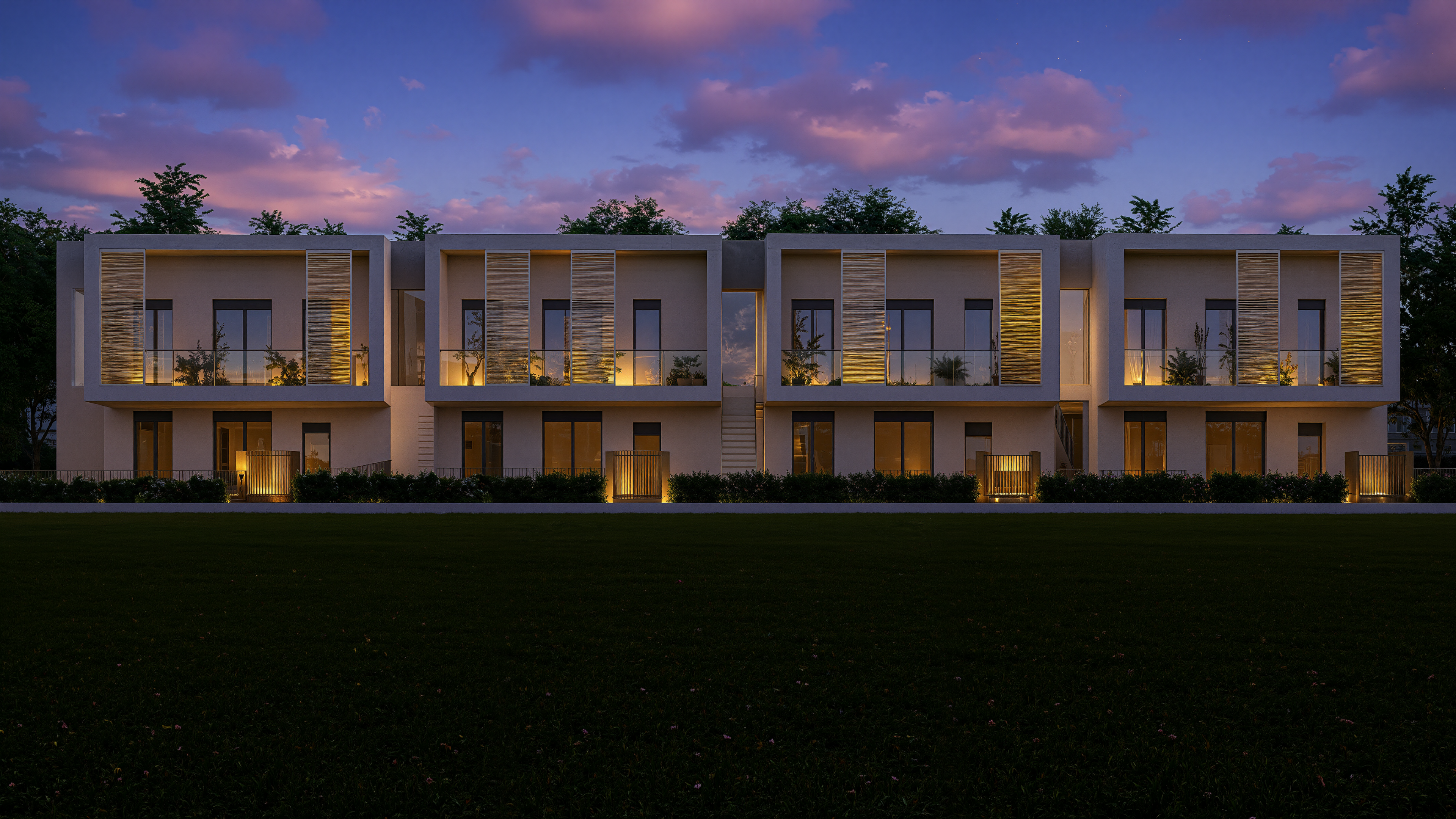 Esempio di render architettonico professionale con luci notturne per analisi della potenzialità edificatoria e impatto visivo