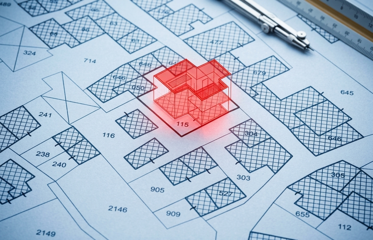 Planimetria catastale con evidenziazione di una nuova unità immobiliare e strumenti di misura professionale. Rappresentazione grafica di un aggiornamento cartografico tipo mappale studio tecnico