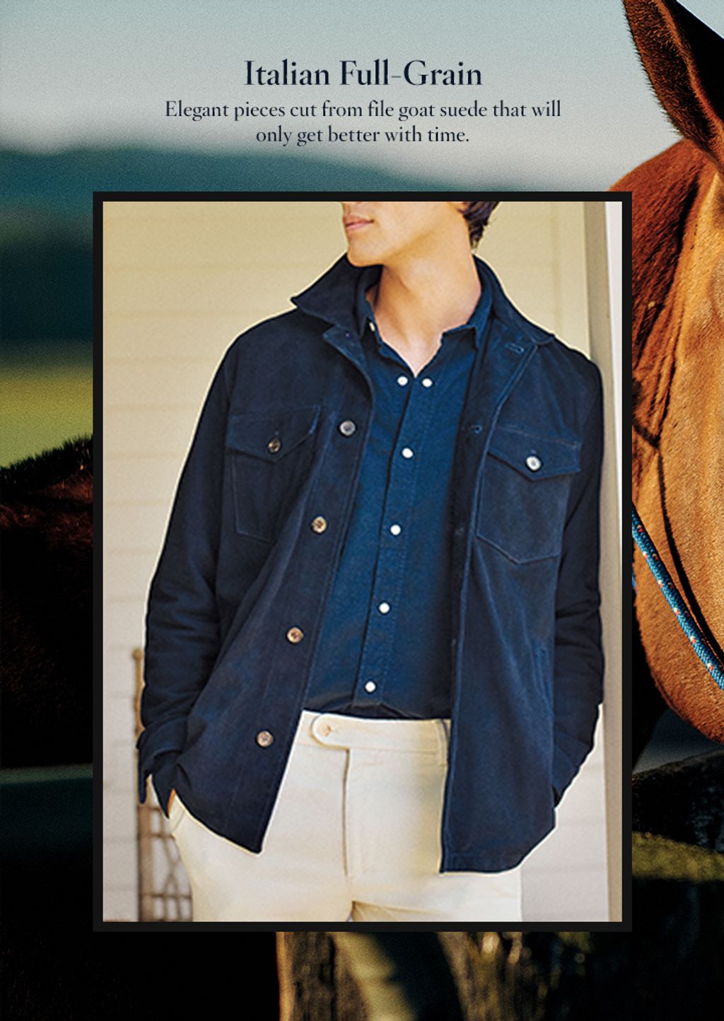 male model wearing navy suede jacket