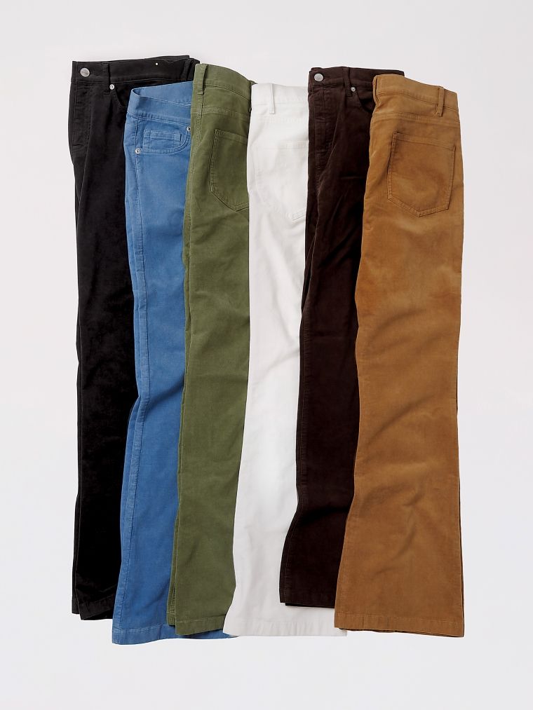 Six pairs of corduroy pants in black, blue, olive green, white, dark brown, and tan.