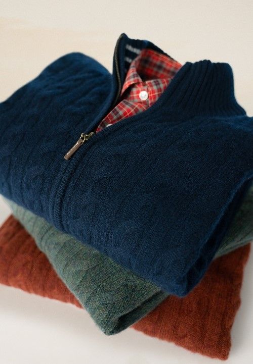 stack of mens cashmere cable zip cardigans