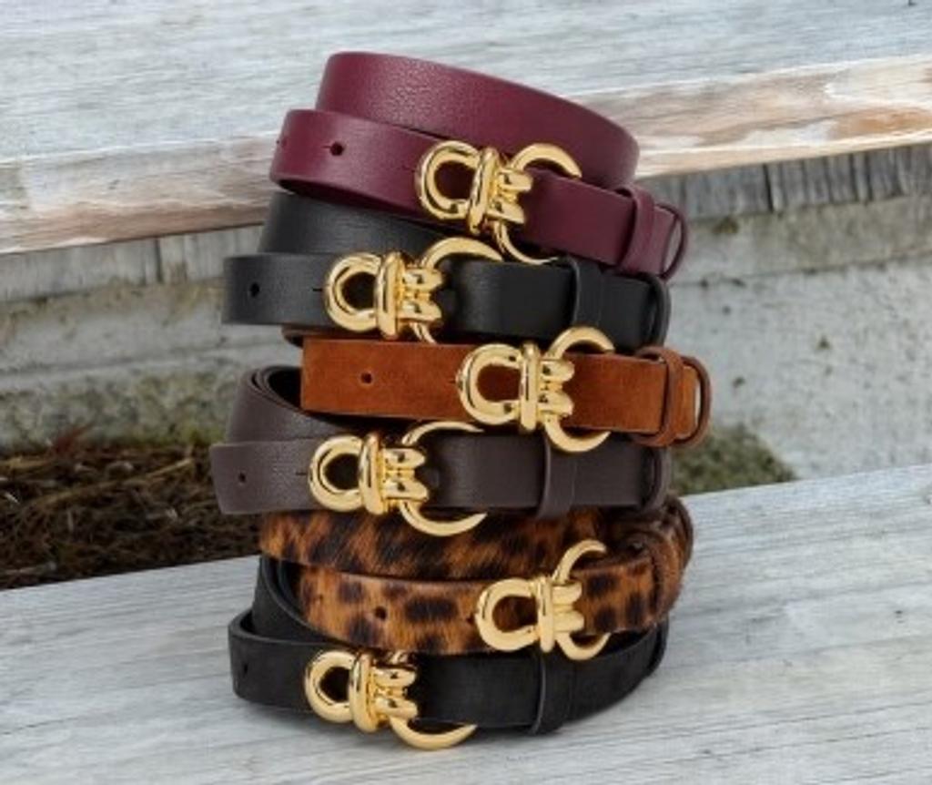 Stack of 6 belts: maroon, black, brown, and leopard print, with gold double-hook buckles.