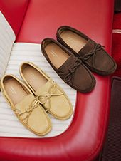 Mens driving shoes on car seat.