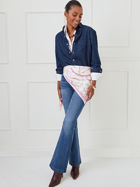 Navy blazer outfit styled with pink ribbon awareness scarf, multiple styling options shown