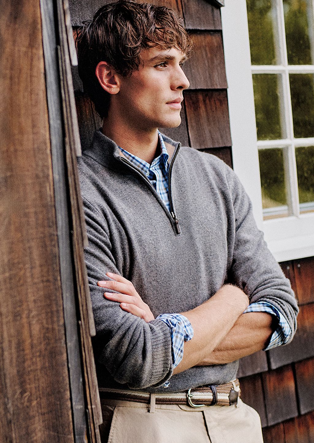 Male Model wearing gray sweater 1/4 zip