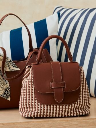 womens top handle bag with brown and white crosshatch texture