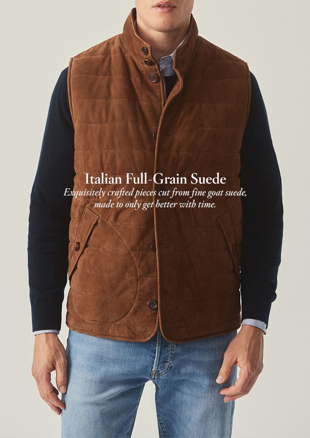 Male model wearing suede vest
