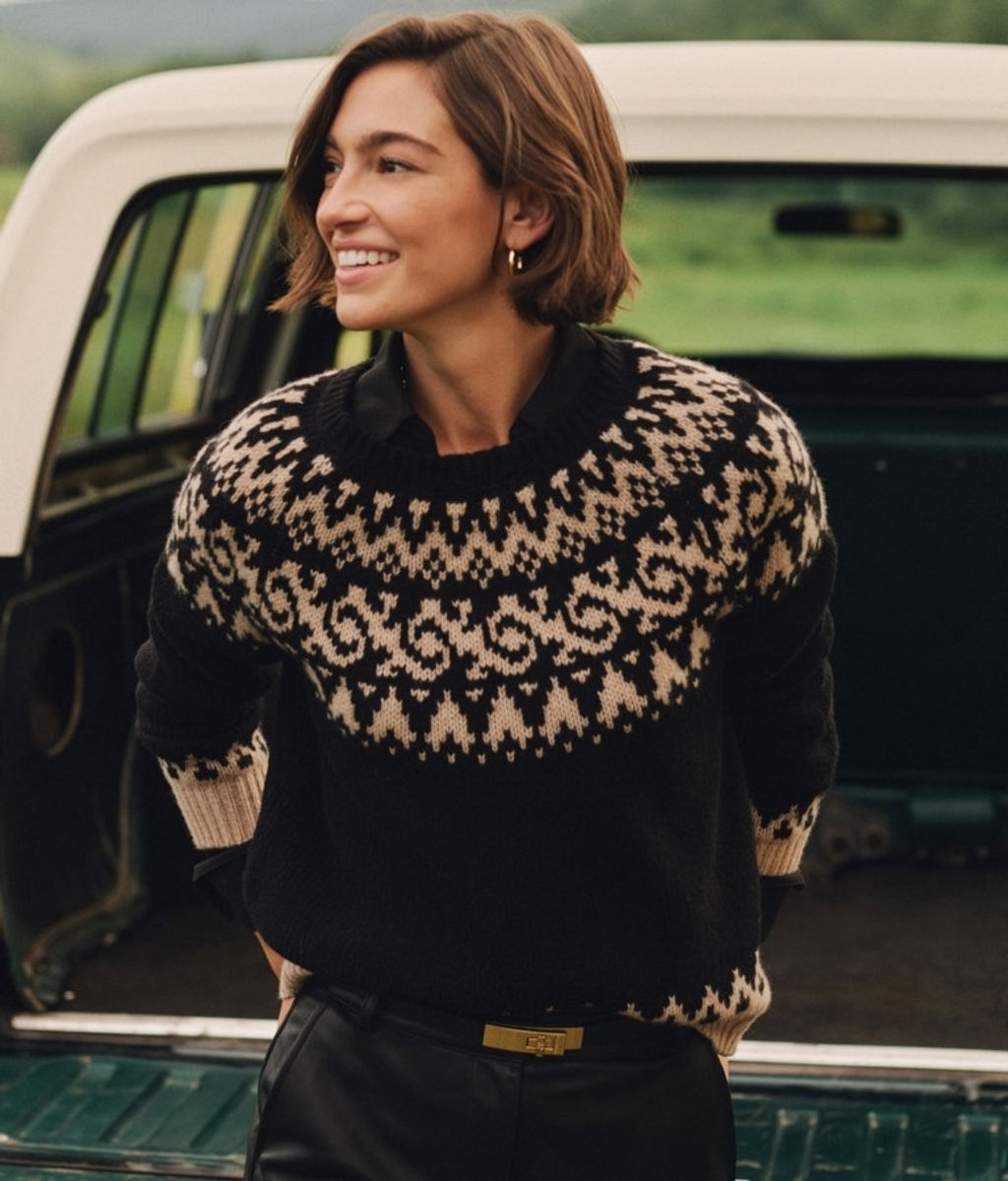 A smiling woman in a black and beige fair isle sweater stands by a truck tailgate.