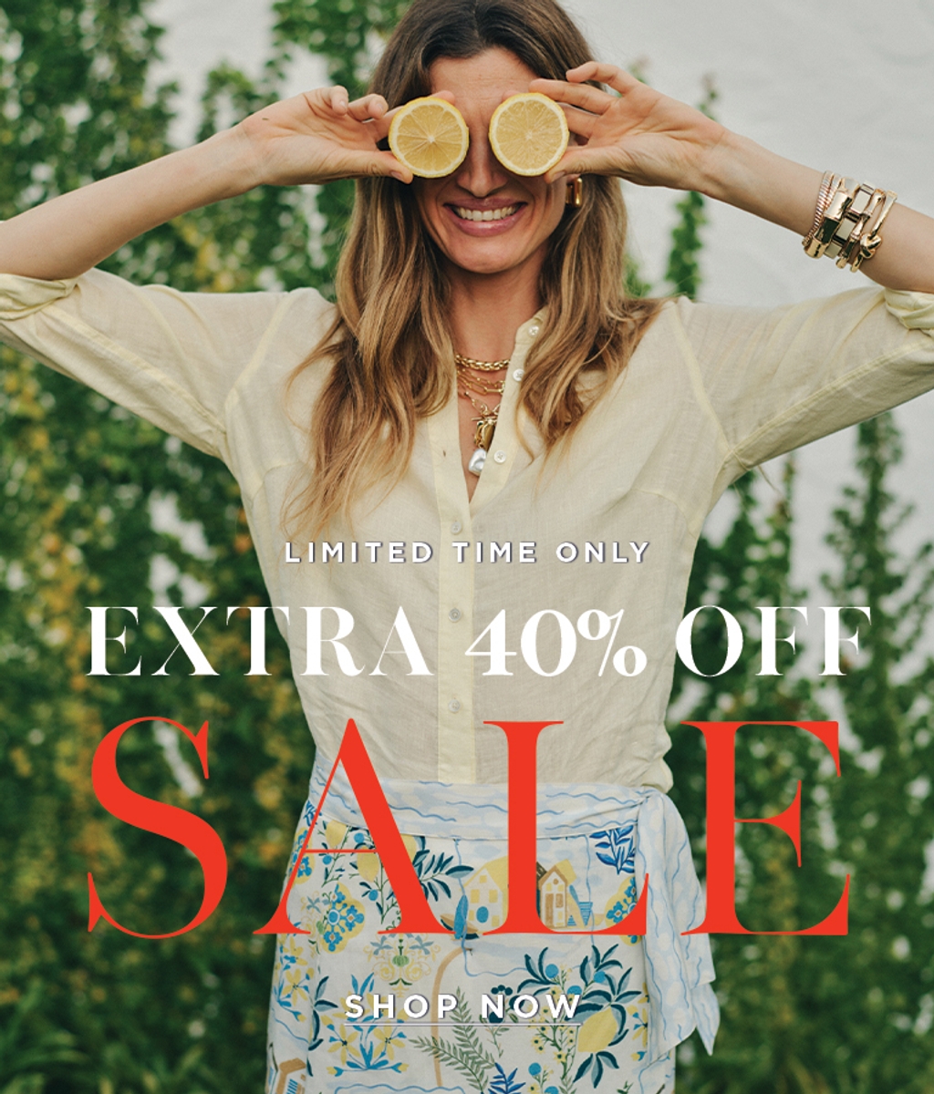 Smiling woman holding lemon halves over her eyes. Text: Limited Time Only Extra 40% Off Sale Shop Now.