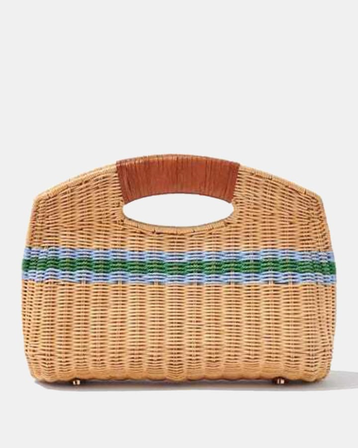 J.McLaughlin purchases clam shape wicker tote brown/blue