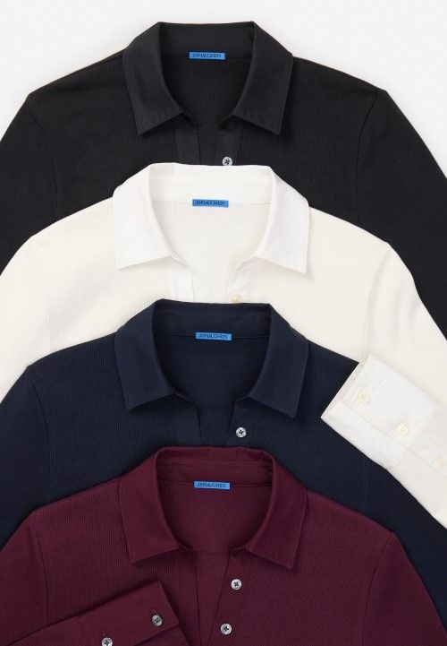 group of womens ribbed knit button down collared shirts in various colors