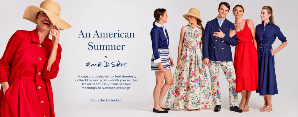 Advertisement for 'An American Summer x Mark D Sikes' collection, featuring models in various summer outfits like a red dress, floral maxi dress, and navy separates.