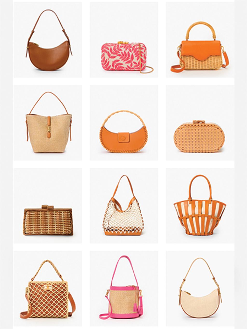 Grid of shoulder bags, clutches, and totes