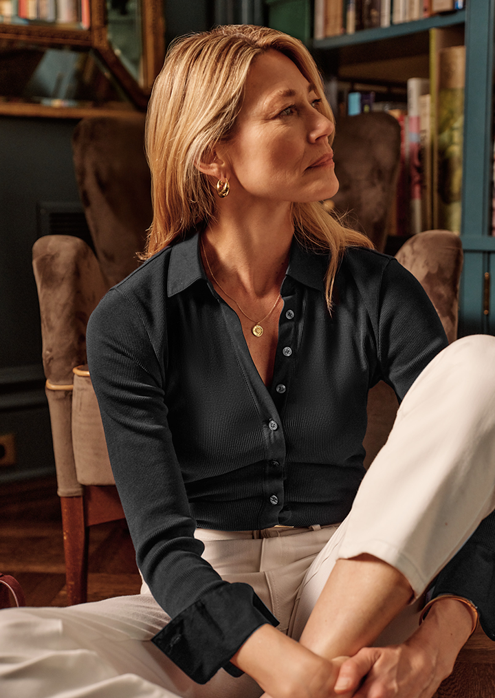 model wearing lois top, watson and pant and loafer in green.