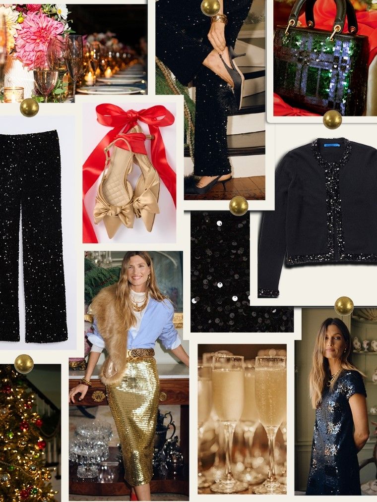 mood board of womens sequin and velvet holiday themes party RSVP imagery