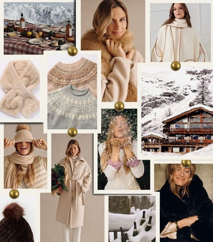 mood board of chalet chic, apres ski womens clothing and scenic shots