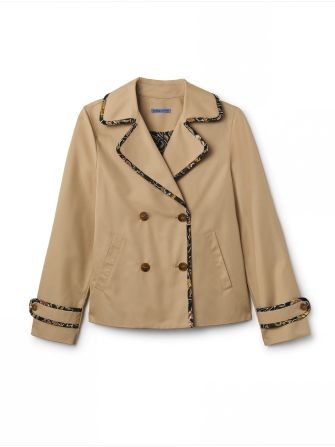 flat lay of women's khaki double breasted trench coat style jacket with printed lining and trim