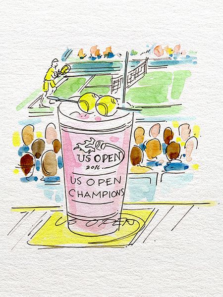 Illustration of US OPEN cocktail cup with tennis in the background