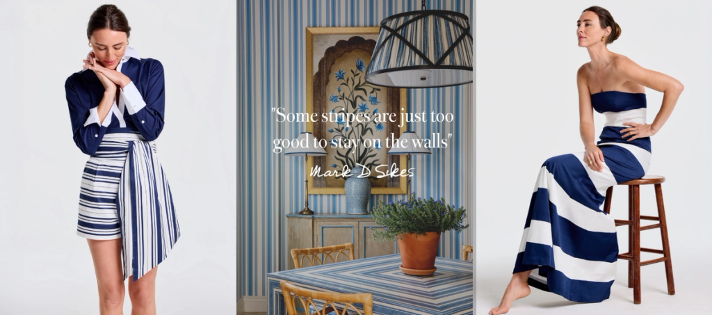 A triptych showing women in blue and white striped fashion and an interior with matching striped decor, including a quote from Mark D Sikes.