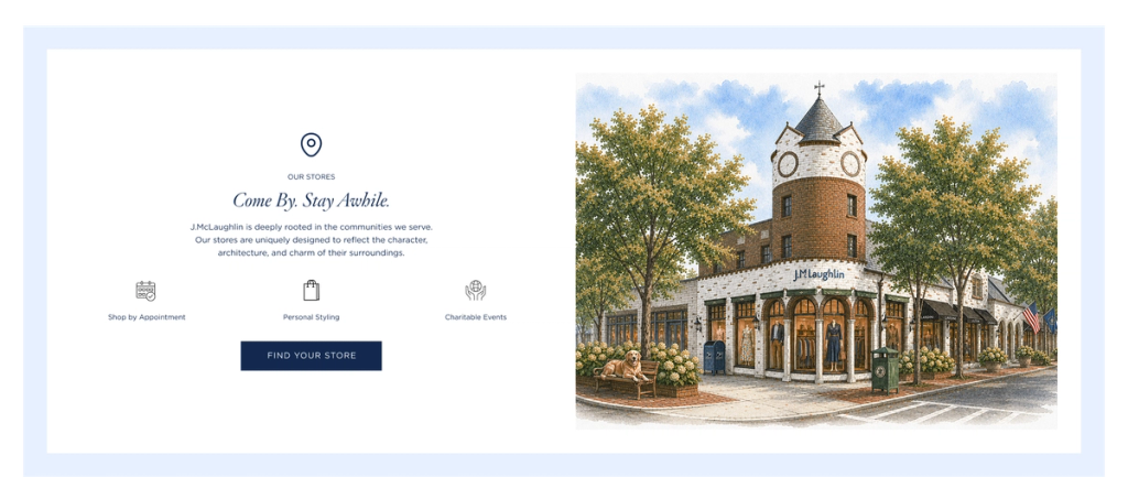 J.McLaughlin 'Our Stores' webpage featuring an illustration of a distinctive brick building with a clock tower.