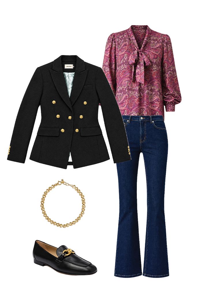 A flat lay of a black blazer, pink paisley blouse, dark wash flare jeans, gold chain necklace, and black loafers.