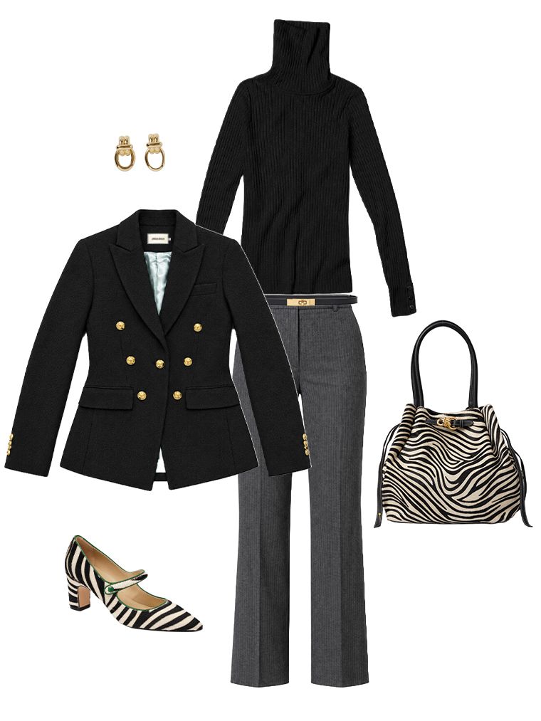 A flat lay of a sophisticated women's outfit: a black double-breasted blazer, black ribbed turtleneck, grey pinstripe trousers, gold earrings, and a matching zebra print bag and Mary Jane heels.