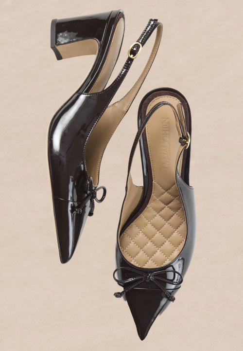 womens brown leather pointed toe patent slingback on light brown studio background