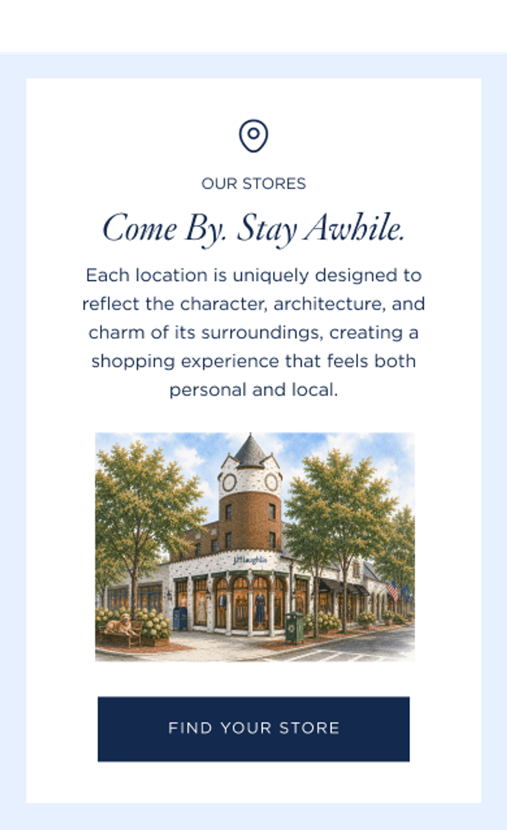 Illustration of a charming J.McLaughlin store building with a turret, trees, and street details.