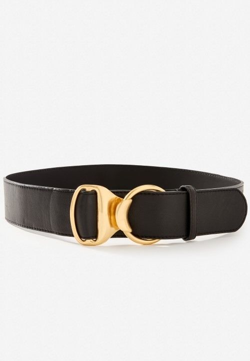 laydown of womens thick black leather belt with brass buckle clasp