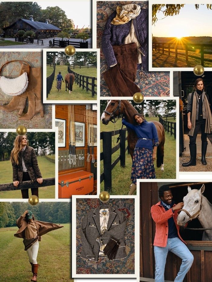 moodboard of equestrian themes womens and mens imagery along with scenic shot of farm