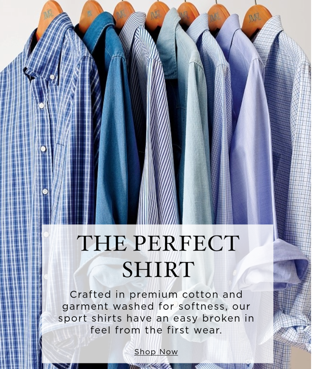 A row of blue and white patterned men's button-down shirts hanging on wooden hangers, with overlaid text "THE PERFECT SHIRT" and "Shop Now."