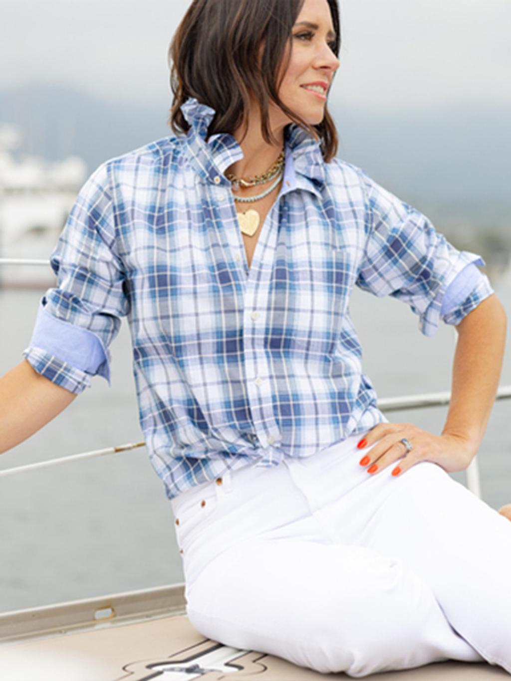 Kate McHale Jensen wearing limited edition J.McLaughlin x KMJ shirt and white pants.