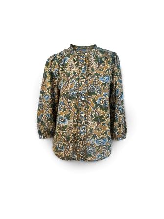 flat lay of women's floral printed blouson sleeve boho blouse
