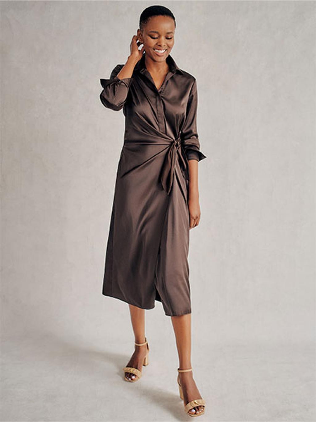 Model wearing brown satin shirtdress