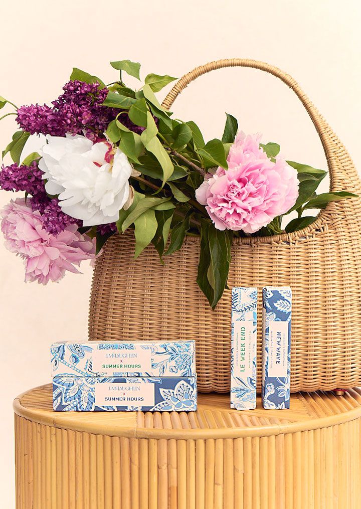 Summer Hours packaging styles with bag and flowers