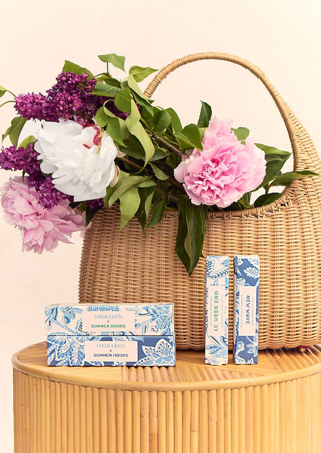Summer Hours packaging styles with bag and flowers