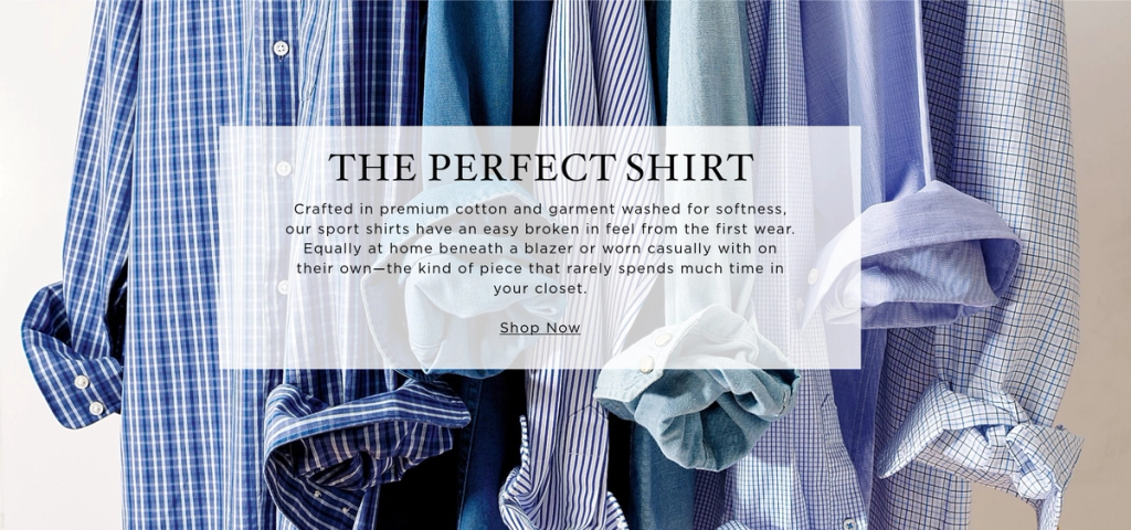 Blue and white shirts hanging with text "THE PERFECT SHIRT" and a "Shop Now" button.