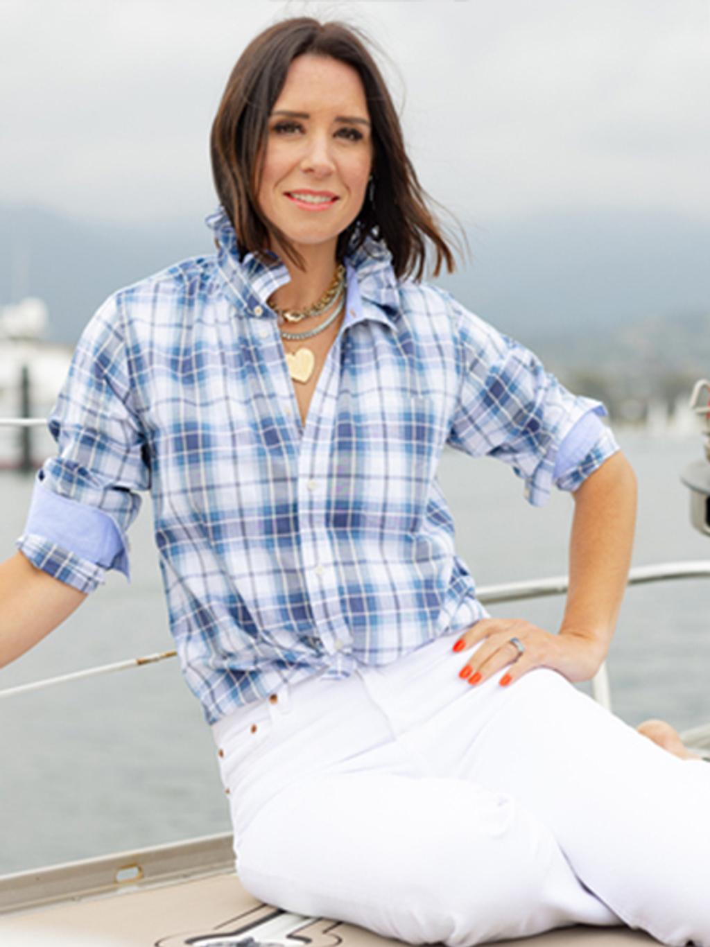 Kate McHale Jensen wearing limited edition J.McLaughlin x KMJ shirt and white pants.