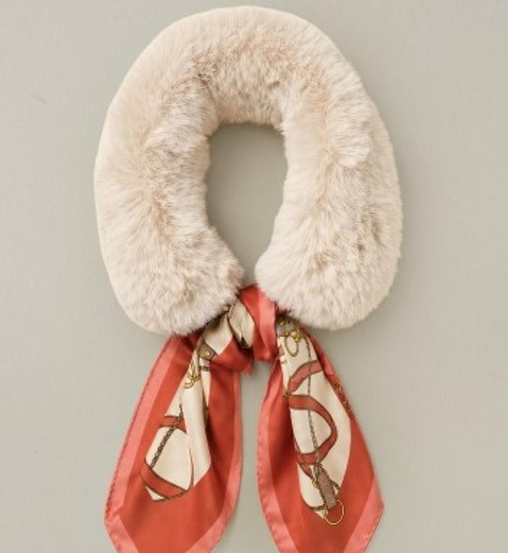 Light beige faux fur collar with a red and cream equestrian-patterned silk scarf.