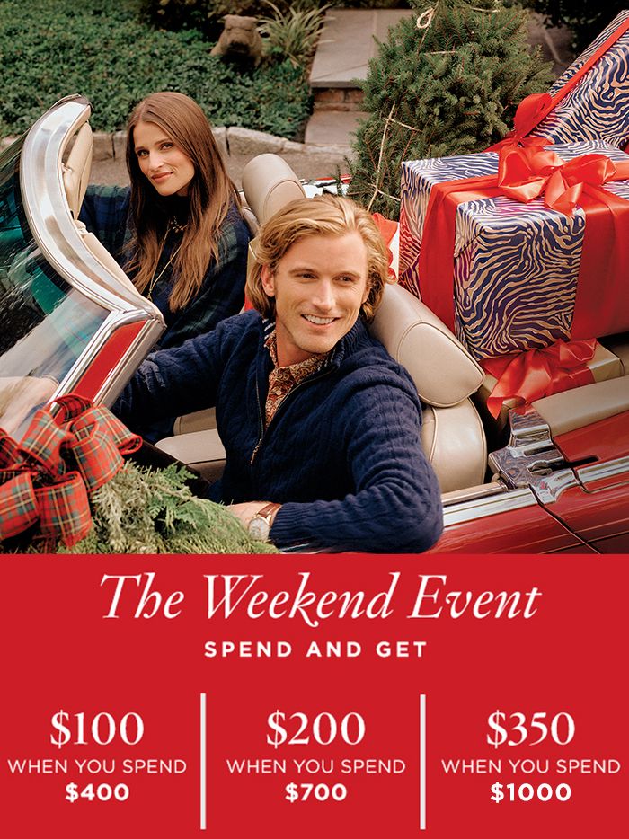 woman and man in red convertible with gift wrapped boxes in the back. Red block with white copy spend to get messaging underneath