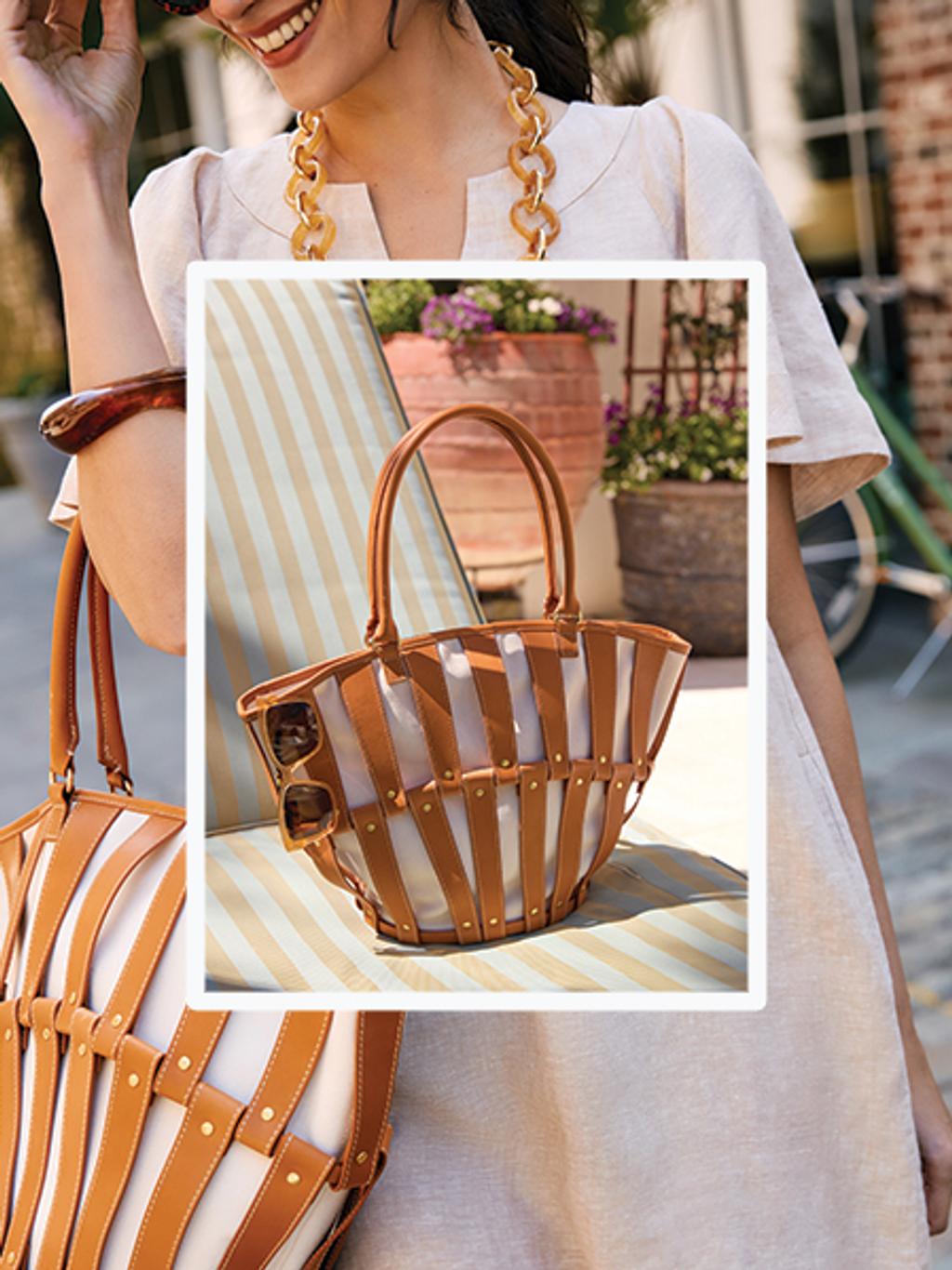 Photo of leather and canvas tote, overlaid on photo of model holding the tote